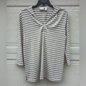 Weekends by Chicos Hooded Shirt Tan White Striped Coastal Tunic Top Sz 2 Large